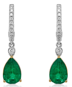 ESTATE 3.03CT DIAMOND & AAA EMERALD 18KT 2 TONE GOLD PEAR SHAPE & ROUND EARRINGS