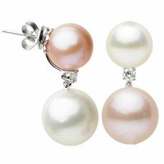 ESTATE LARGE .28CT DIAMOND AAA SOUTH SEA & PINK PEARL 18K WHITE GOLD 3D EARRINGS