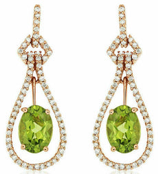 2.04CT DIAMOND & AAA PERIDOT 14KT ROSE GOLD 3D OVAL & ROUND TEAR DROP EARRINGS