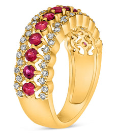 WIDE 1.23CT DIAMOND & AAA RUBY 14KT YELLOW GOLD 3 ROW WEDDING ANNIVERSARY RING