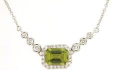 1.35CT DIAMOND & AAA PERIDOT 14K WHITE GOLD 3D EMERALD CUT & ROUND LOVE NECKLACE
