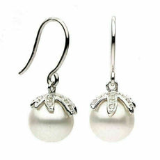 ESTATE .07CT DIAMOND & AAA PEARL 14KT WHITE GOLD LEAF PALM TREE HANGING EARRINGS