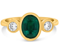 1.48CT DIAMOND & AAA EMERALD 14KT YELLOW GOLD OVAL ROUND 3 STONE ENGAGEMENT RING