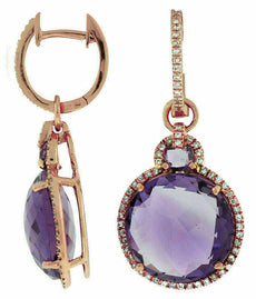 ESTATE 14.05CT DIAMOND & AAA AMETHYST 14K ROSE GOLD ROUND HALO HANGING EARRINGS