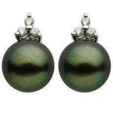 ESTATE .16CT DIAMOND & AAA TAHITIAN PEARL 14KT WHITE GOLD 3 STONE FUN EARRINGS