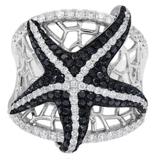 EXTRA LARGE 1.56CT WHITE & BLACK DIAMOND 14KT WHITE GOLD LUCKY STARFISH FUN RING