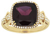 LARGE 5.1CT DIAMOND & AAA RHODOLITE 14KT YELLOW GOLD CUSHION & ROUND HALO RING