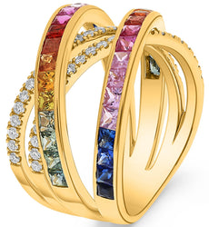 LARGE 2.77CT DIAMOND & AAA MULIT COLOR SAPPHIRE 14K YELLOW GOLD CRISS CROSS RING