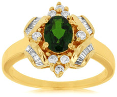 1.35CT DIAMOND & AAA GREEN GARNET 14KT YELLOW GOLD 3D OVAL ROUND & BAGUETTE RING