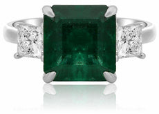 ESTATE 6.74CT DIAMOND & AAA PRINCESS EMERALD PLATINUM 3 STONE ENGAGEMENT RING