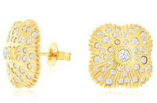 WIDE .55CT DIAMOND 14KT YELLOW GOLD MULTI ROW ETOILE FLORAL SQUARE STUD EARRINGS