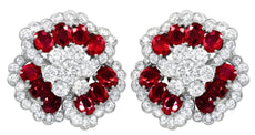 ESTATE LARGE 14CT DIAMOND & AAA RUBY PLATINUM OVAL & ROUND FLOWER STUD EARRINGS