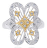 ESTATE .15CT DIAMOND 14KT 2 TONE GOLD 3D ROUND OPEN FILIGREE FLOWER LOVE RING
