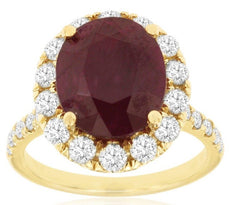 LARGE 7.0CT DIAMOND & AAA RUBY 14K YELLOW GOLD OVAL & ROUND HALO ENGAGEMENT RING