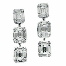 ESTATE 1.44CT DIAMOND 18K WHITE GOLD SQUARE PAST PRESENT FUTURE HANGING EARRINGS