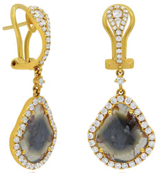 4.67CT WHITE & ICE DIAMOND 18K YELLOW GOLD 3D TEAR DROP CLIP ON HANGING EARRINGS