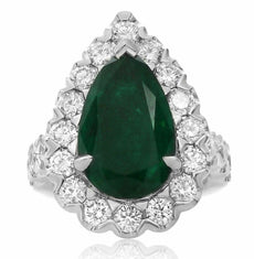 GIA CERTIFIED 9.10CT DIAMOND & AAA EMERALD PLATINUM PEAR SHAPE ENGAGEMENT RING