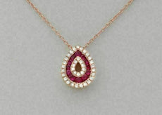 ESTATE .40CT DIAMOND & AAA RUBY 14KT ROSE GOLD TEAR DROP HEART FLOATING PENDANT