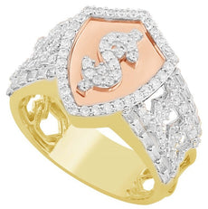 WIDE 1.16CT DIAMOND 14KT TRI COLOR GOLD ROUND & BAGUETTE SHIELD DOLLAR SIGN RING