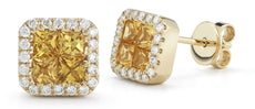 1.36CT DIAMOND & AAA YELLOW SAPPHIRE 14KT YELLOW GOLD SQUARE HALO STUD EARRINGS