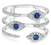 LARGE .41CT DIAMOND & AAA SAPPHIRE 14KT WHITE GOLD MULTI ROW LUCKY EVIL EYE RING