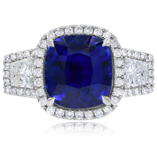 LARGE 6.94CT DIAMOND & AAA SAPPHIRE 18KT WHITE GOLD CUSHION HALO ENGAGEMENT RING
