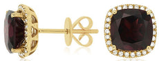 5.71CT DIAMOND & AAA GARNET 14KT YELLOW GOLD CUSHION HALO SQUARE STUD EARRINGS