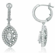 ESTATE 1.04CT ROUND & MARQUISE DIAMOND 14KT WHITE GOLD 3D HALO HANGING EARRINGS
