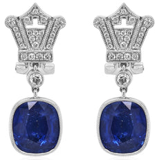 LARGE 8.12CT DIAMOND & AAA SAPPHIRE 18KT WHITE GOLD CUSHION & ROUND FUN EARRINGS