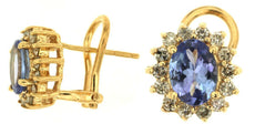2.10CT DIAMOND & AAA TANZANITE 14KT YELLOW GOLD 3D OVAL & ROUND CLIP ON EARRINGS