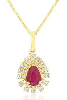 1.08CT DIAMOND & AAA RUBY 14K YELLOW GOLD PEAR SHAPE & ROUND DOUBLE HALO PENDANT