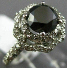 ESTATE 2.62CT WHITE & BLACK DIAMOND 14KT WHITE GOLD 3D FLOWER ENGAGEMENT RING