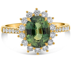 LARGE 3.32CT DIAMOND & AAA GREEN SAPPHIRE 18K YELLOW GOLD FLOWER ENGAGEMENT RING