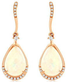 3.57CT DIAMOND & AAA OPAL 14K ROSE GOLD PEAR SHAPE & ROUND WAVE HANGING EARRINGS