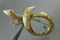 ANTIQUE LARGE DIAMOND & AAA EMERALD 18KT 2 TONE GOLD MUSICAL NOTE BROOCH #22500