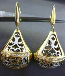 ESTATE LARGE .20CT DIAMOND 14KT TWO TONE GOLD 3D FLEUR DE LIS FILIGREE EARRINGS