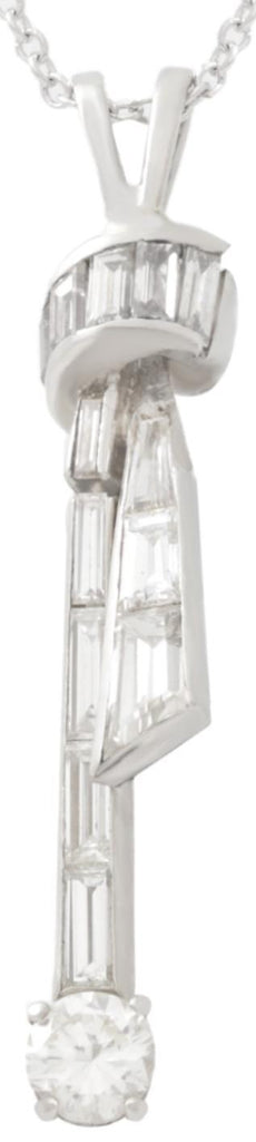 1.4CT DIAMOND 18KT WHITE GOLD 3D ROUND & BAGUETTE LOVE KNOT DOUBLE BAR PENDANT
