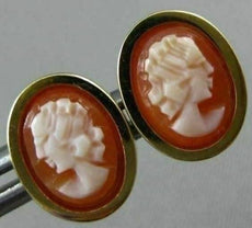 ESTATE OVAL 14KT YELLOW GOLD HANDCRAFTED LADY SHELL CAMEO EARRINGS 10mm #19573