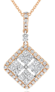 .98CT DIAMOND 18KT 2 TONE GOLD MULTI FLOWER SQUARE GEOMETRICAL FLOATING PENDANT