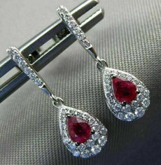ESTATE .73CT DIAMOND & RUBY 14K WHITE GOLD 3D CLASSIC TEAR DROP HANGING EARRINGS