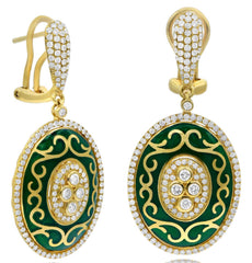 LARGE 1.68CT DIAMOND GREEN ENAMEL 18KT YELLOW GOLD OVAL CLIP ON HANGING EARRINGS