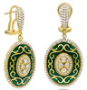 LARGE 1.68CT DIAMOND GREEN ENAMEL 18KT YELLOW GOLD OVAL CLIP ON HANGING EARRINGS
