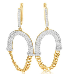 1.38CT DIAMOND 14KT 2 TONE GOLD MULTI ROW LUCKY HORSESHOE OVAL HANGING EARRINGS