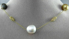 ESTATE LARGE.14CT DIAMOND 14K YELLOW GOLD MULTI COLOR PEARL BY THE YARD NECKLACE