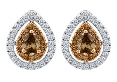 1.17CT WHITE & CHOCOLATE FANCY DIAMOND 18K WHITE & ROSE GOLD HALO STUD EARRINGS
