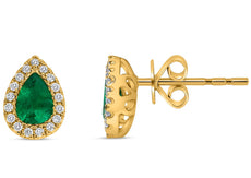 .88CT DIAMOND AAA EMERALD 14KT YELLOW GOLD PEAR SHAPE & ROUND HALO STUD EARRINGS