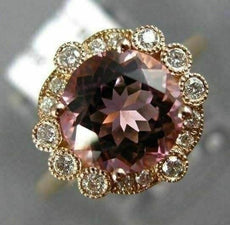 LARGE 2.42CT DIAMOND & AAA PINK TOURMALINE 14K ROSE GOLD FLOWER ENGAGEMENT RING