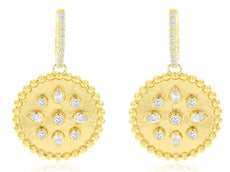 .85CT DIAMOND 14KT YELLOW GOLD CIRCULAR FLORAL ETOILE BEZEL FUN HANGING EARRINGS