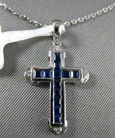ESTATE .64CT DIAMOND & AAA SAPPHIRE 18KT WHITE GOLD 3D CLASSIC CROSS PENDANT