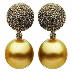 ESTATE LARGE 2.1CT MOCHA DIAMOND & GOLDEN SOUTH SEA PEARL 18K ROSE GOLD EARRINGS